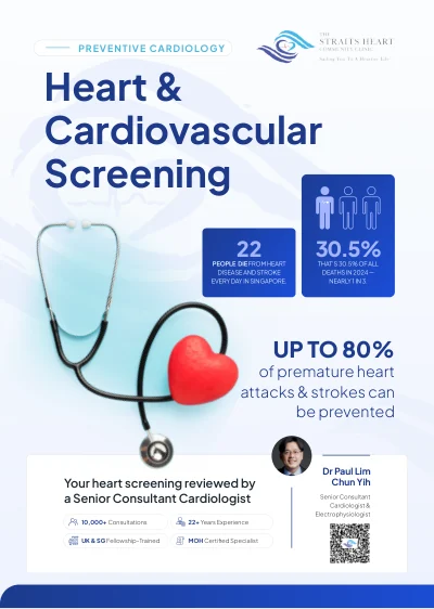 First page of the heart and cardiovascular screening brochure, showing the packages covered and Dr Paul Lim's credentials