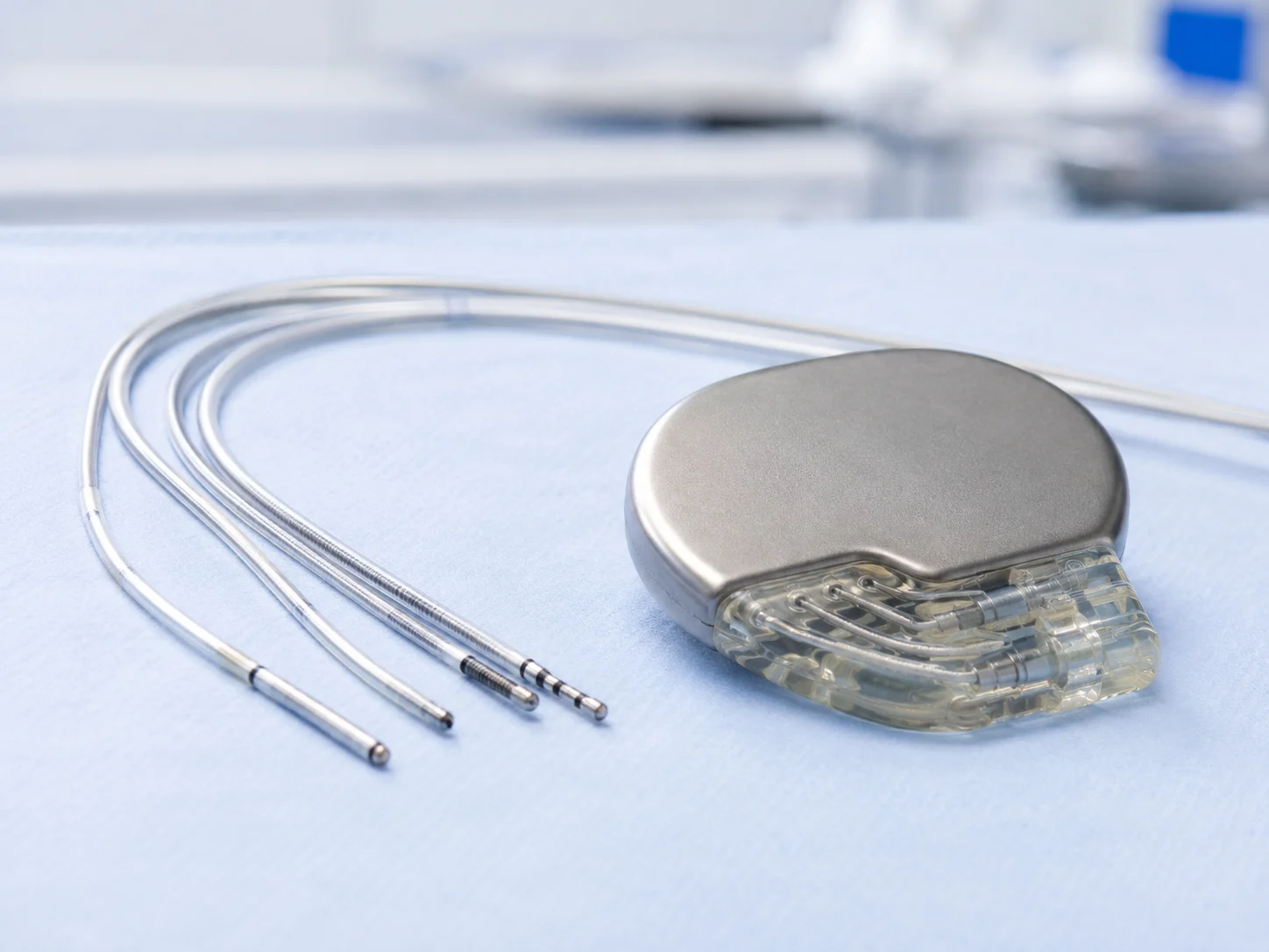 An implantable cardioverter defibrillator (ICD), showing the generator and the insulated lead placed in the heart