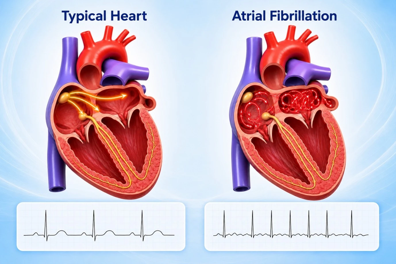 Side-by-side anatomical diagram comparing a typical heart with regular ECG to a heart with atrial fibrillation showing chaotic ECG