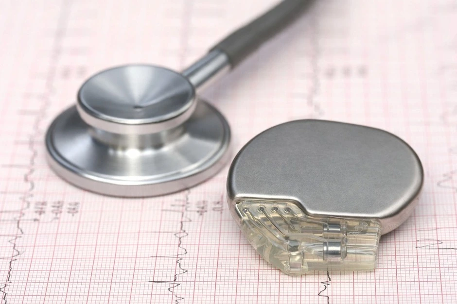 A dual-chamber heart pacemaker, showing the titanium generator and two insulated leads (wires)